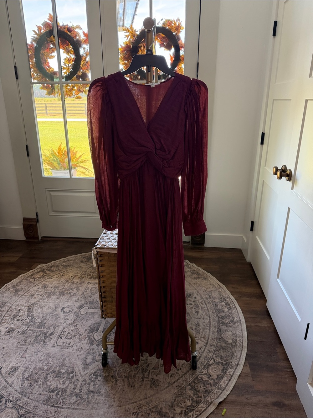 Polagram Burgundy Long-Sleeve Twist-Front Maxi Dress